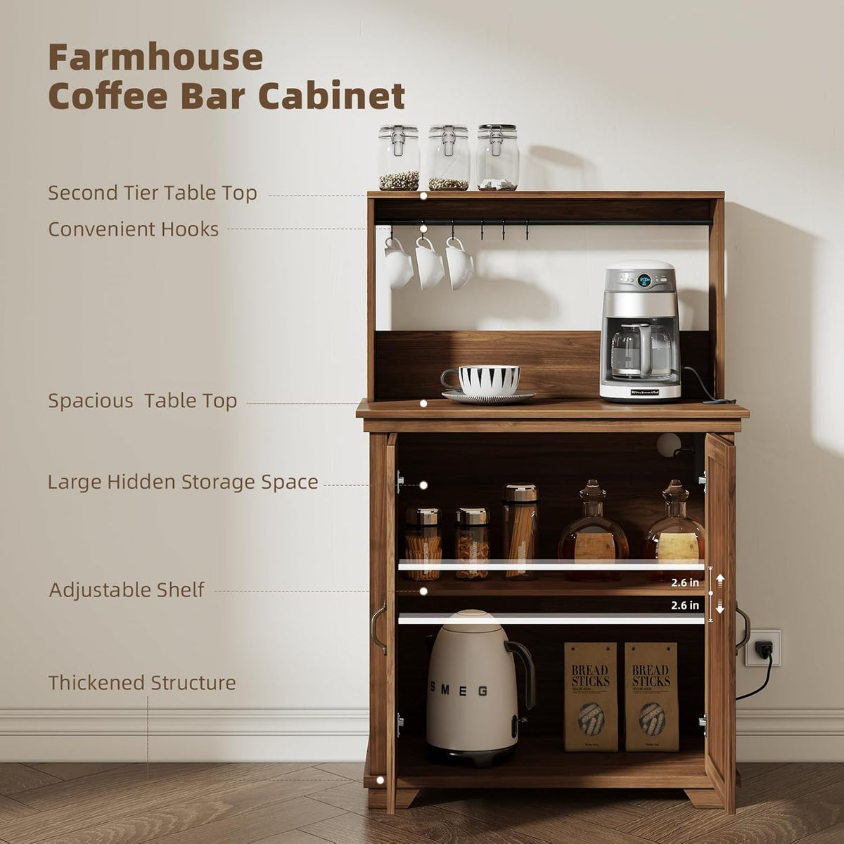 Walnut Coffee Bar Cabinet with Storage R716