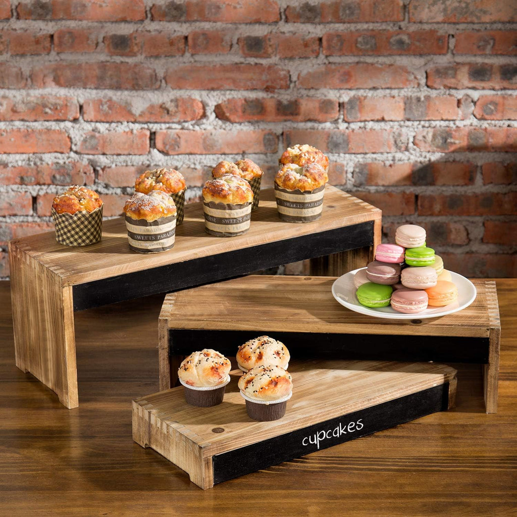 3-Tier Burnt Dark Brown Wood Cake Stand with Chalkboard Panels T6427