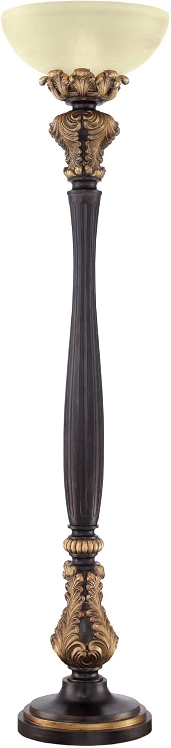 Tall Carved Wood Amber Glass Torchiere Floor Lamp M95527