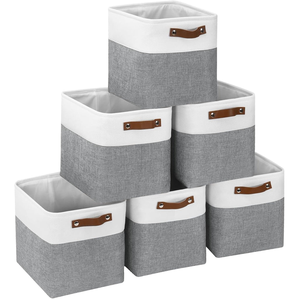 11x11 inch Foldable Cube Storage Bins with Leather Handles (White/ Blue) Z894