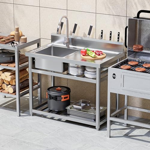 Stainless Steel Freestanding Utility Sink with Workbench Drawer Double Shelves Y566