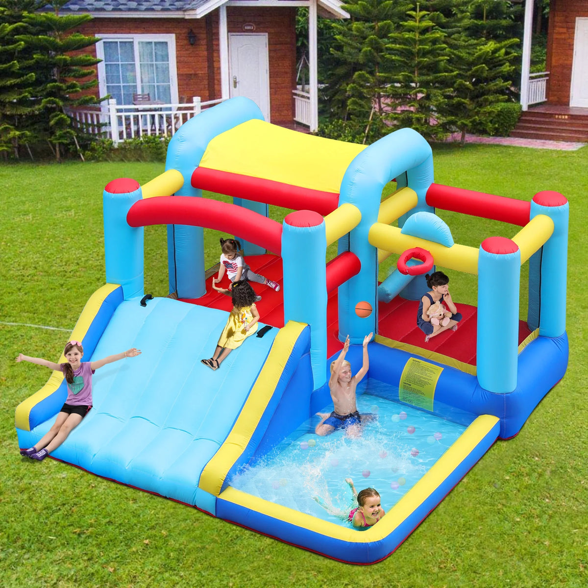 Inflatable Water Slide Bounce House with Splash Pool & Basketball Rim M46873