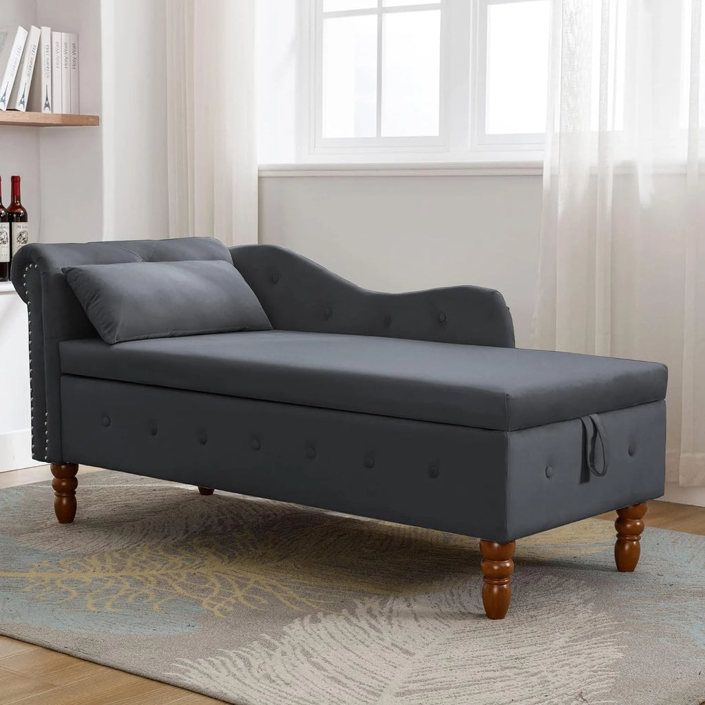 Black Velvet Chaise Lounge Chair with Storage & Pillow B1062
