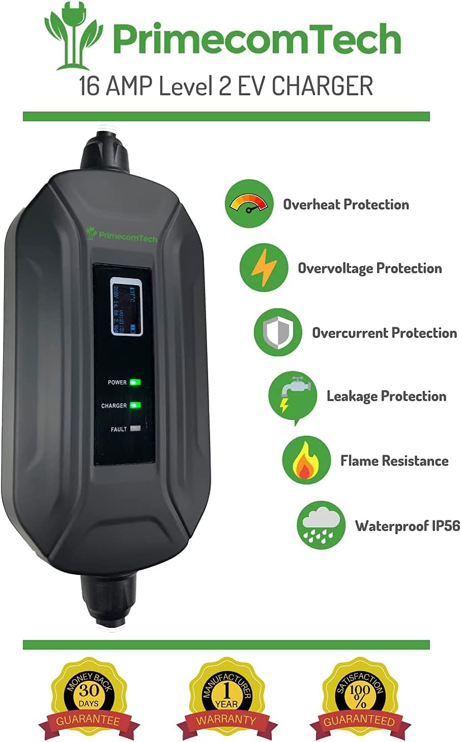Level 2 Portable Electric Vehicle Charger, 16Amp, 30 Feet B697696