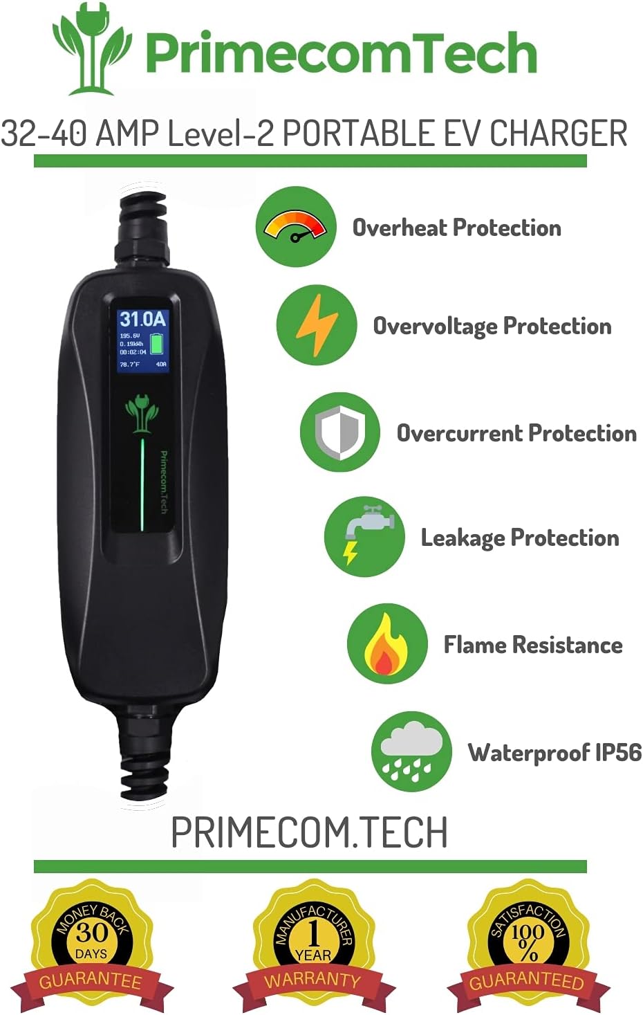 Level 2 Portable Electric Vehicle Charger, 16Amp, 30 Feet B697696