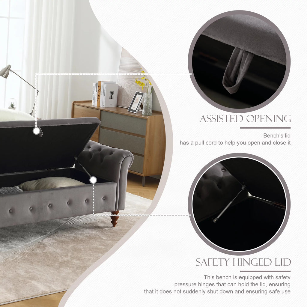 Gray Velvet Upholstered Storage Bench with Arms C91648