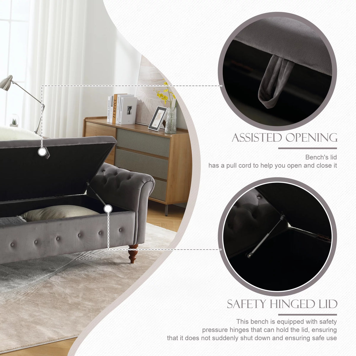 Gray Velvet Upholstered Storage Bench with Arms C91648