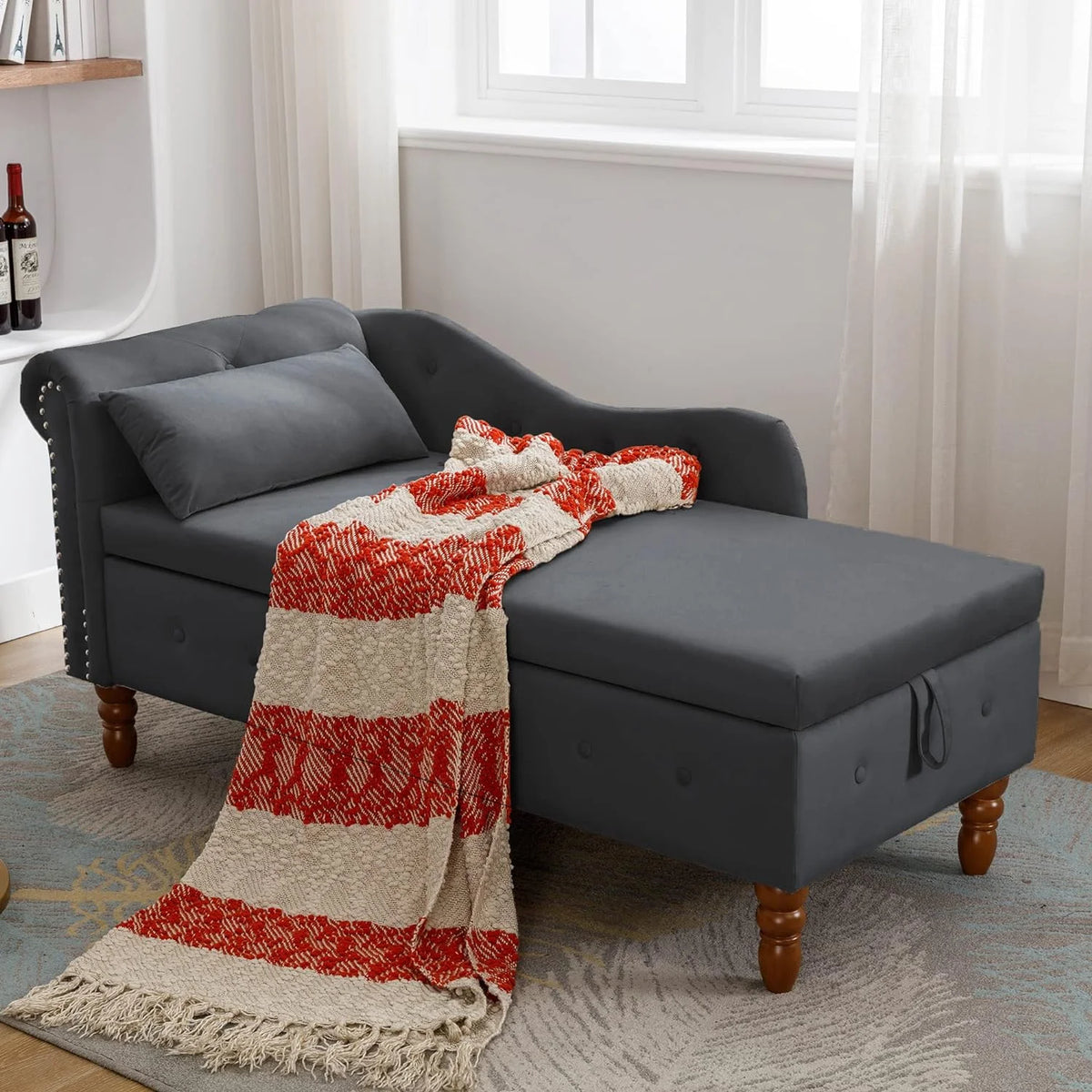 Black Velvet Chaise Lounge Chair with Storage & Pillow B1062