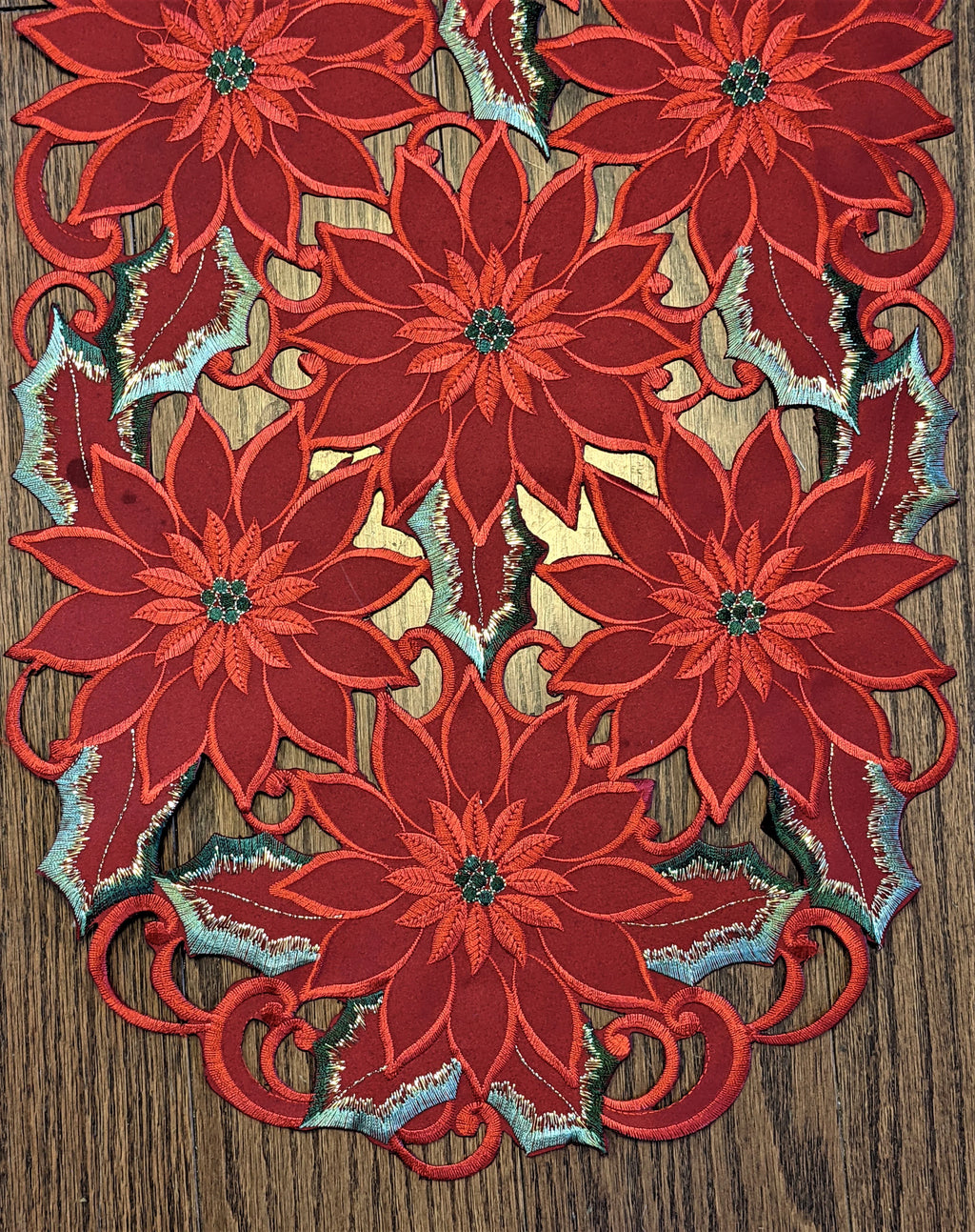 Christmas Table Runner with Red Cutwork Poinsettias, 34 x 15 inches U407319