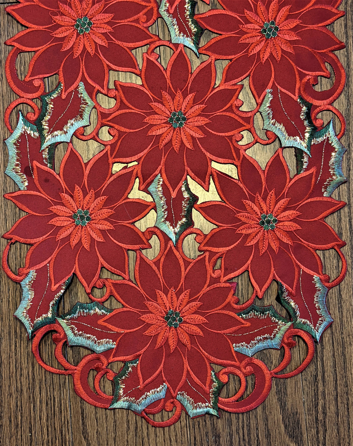 Christmas Table Runner with Red Cutwork Poinsettias, 34 x 15 inches U407319