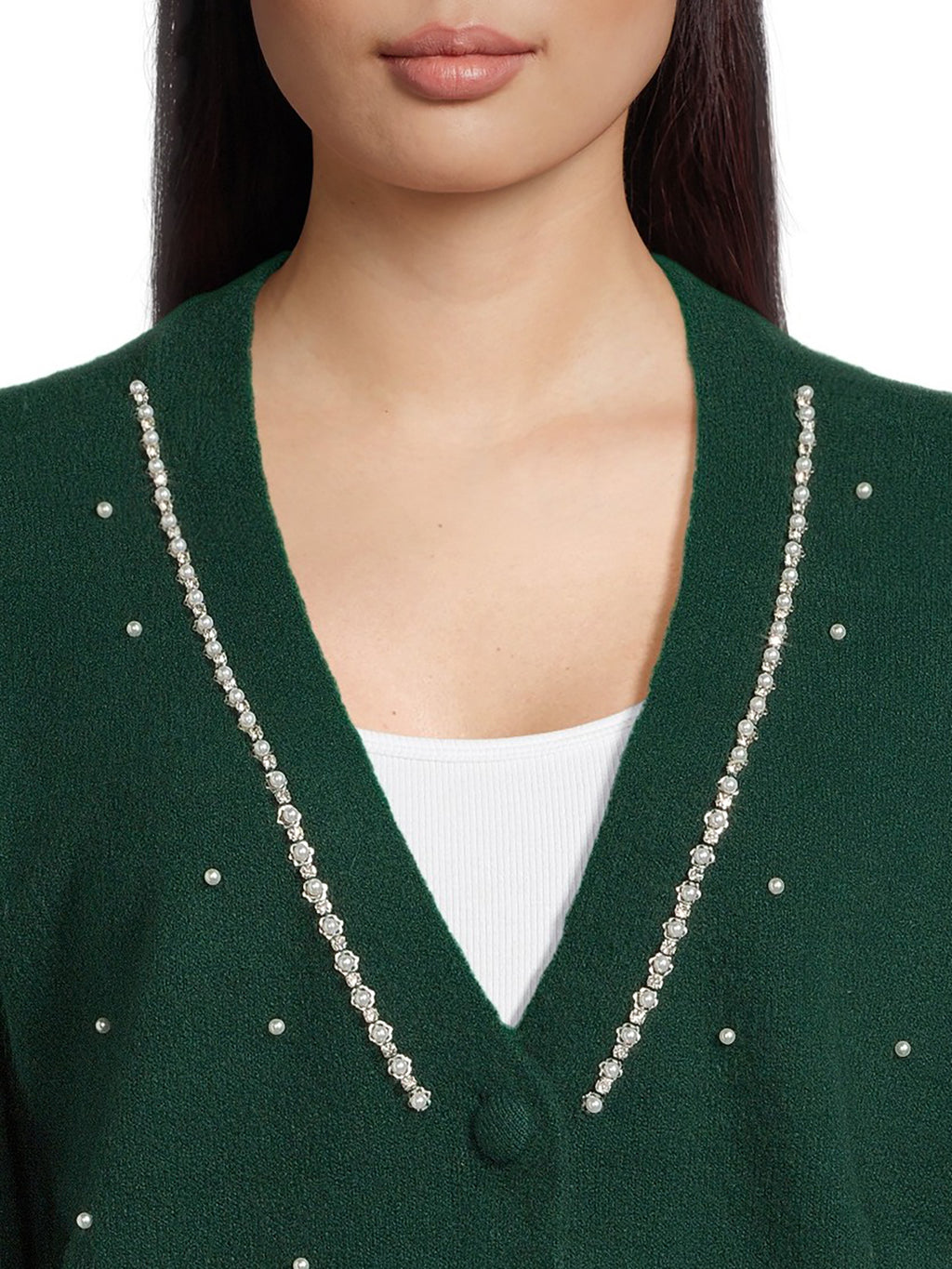 Women's V-Neck Embellished Button Front Cardigan with Long Sleeves T303