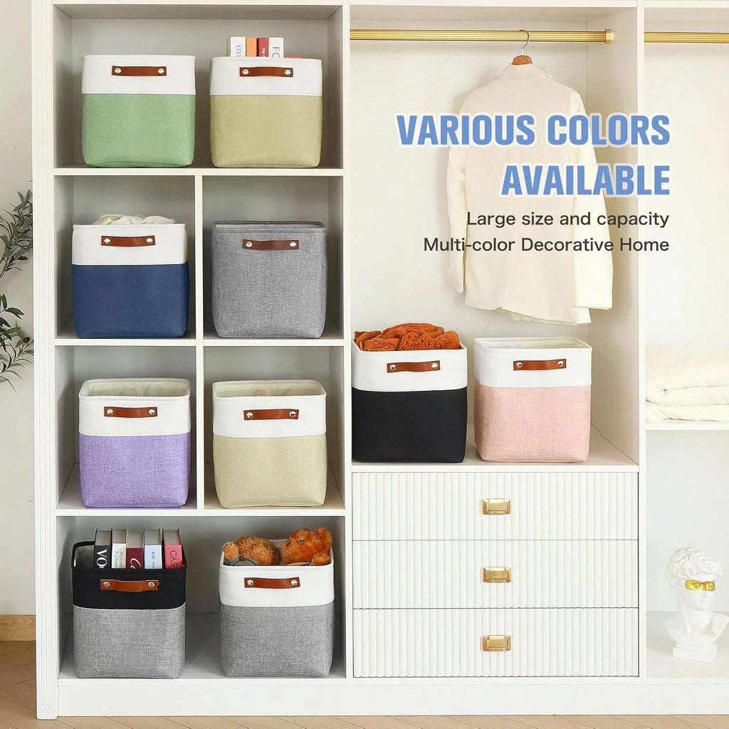 11x11 inch Foldable Cube Storage Bins with Leather Handles (White/ Blue) Z894