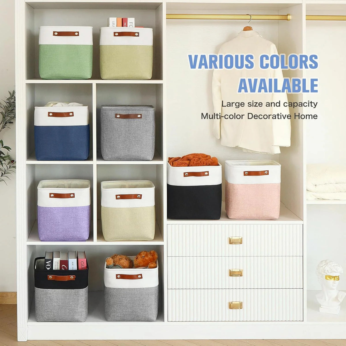 11x11 inch Foldable Cube Storage Bins with Leather Handles (White/ Blue) Z894