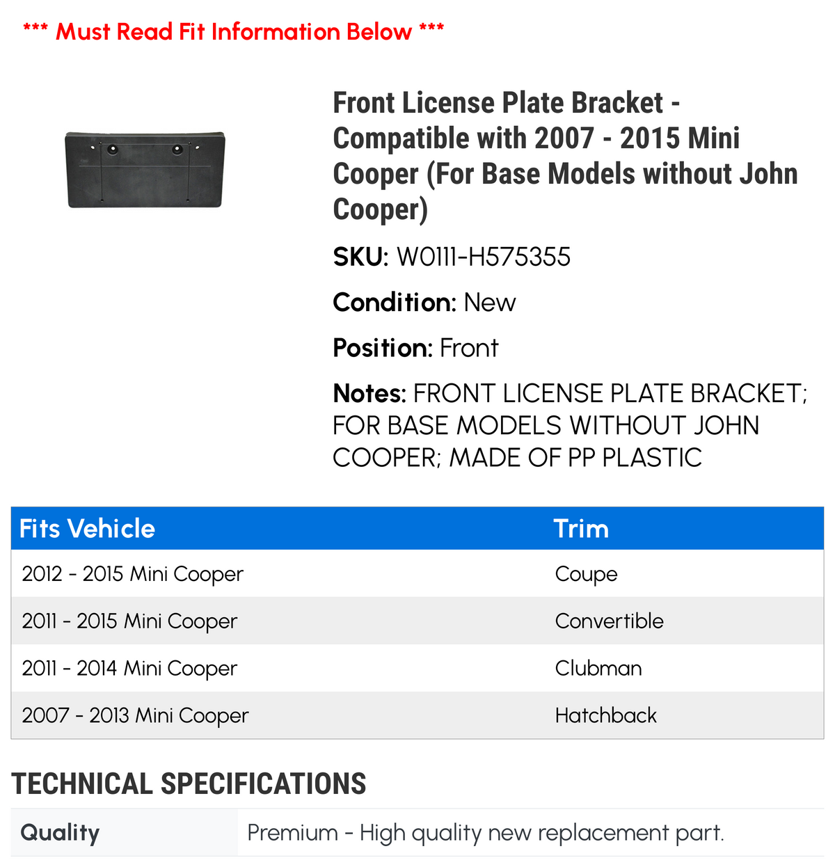 Front License Plate Bracket for Mini Cooper E6596