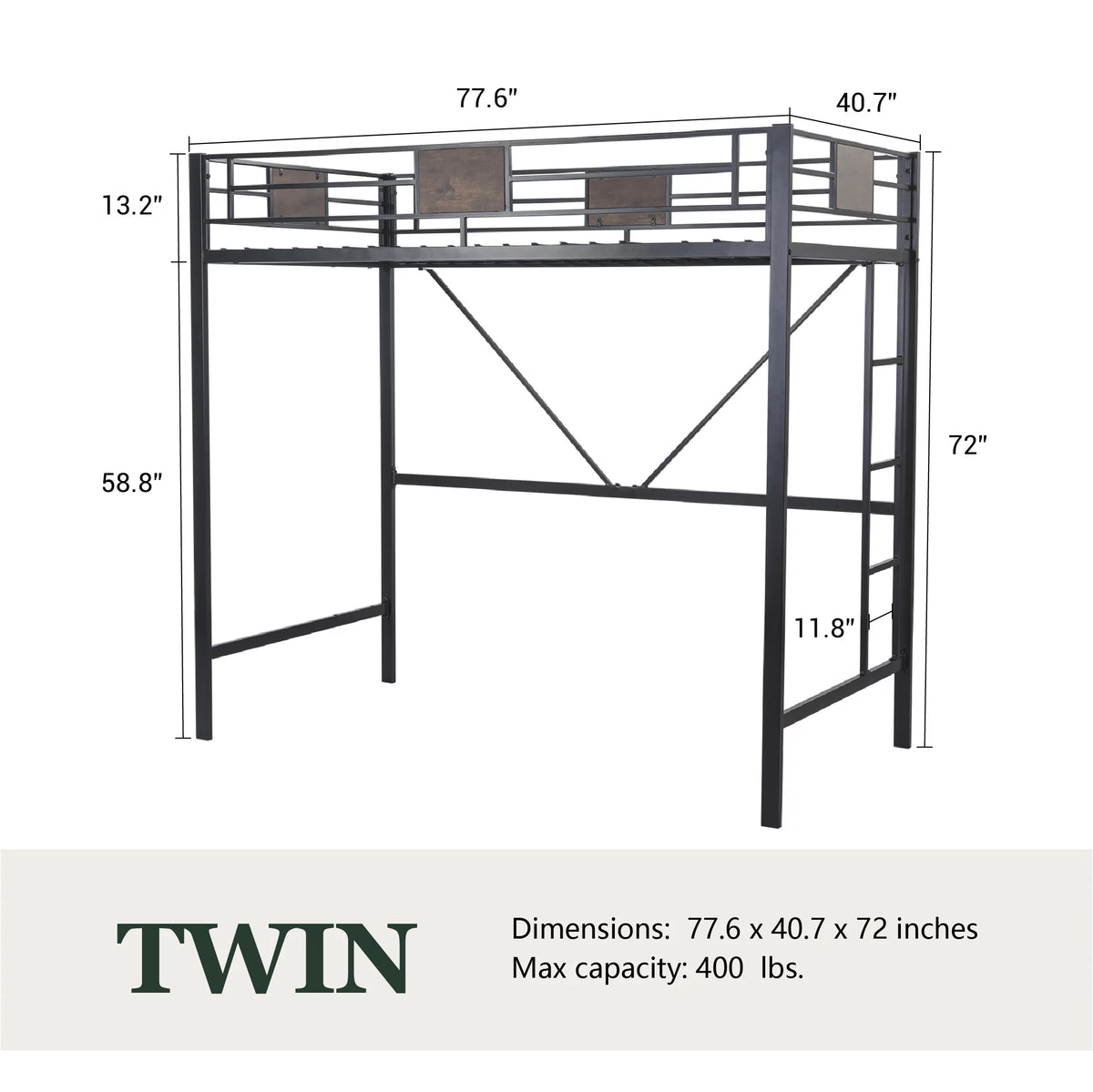 Metal Twin Size Loft Bed Frame with Stairs & Full-Length Guardrail S69130