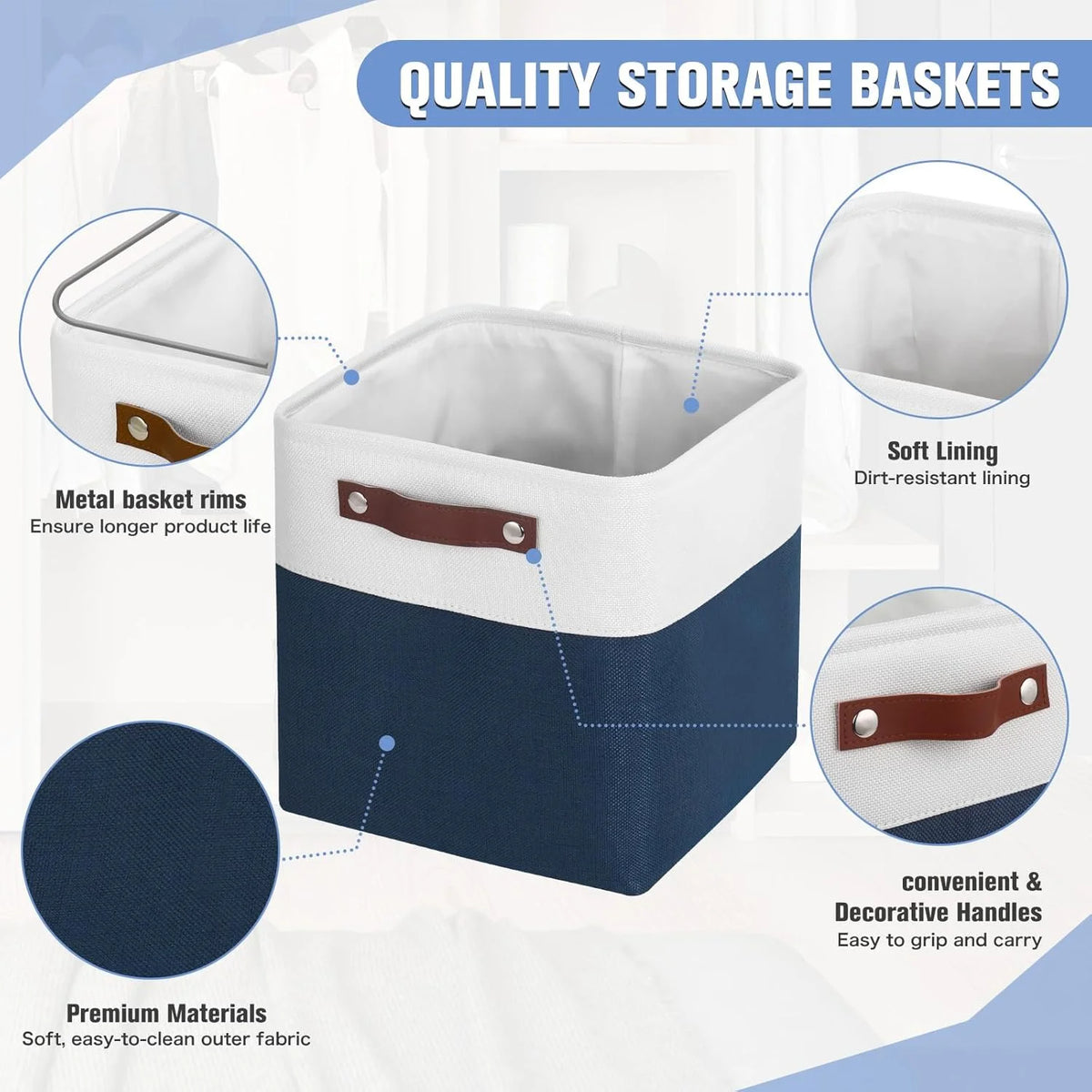 11x11 inch Foldable Cube Storage Bins with Leather Handles (White/ Blue) Z894