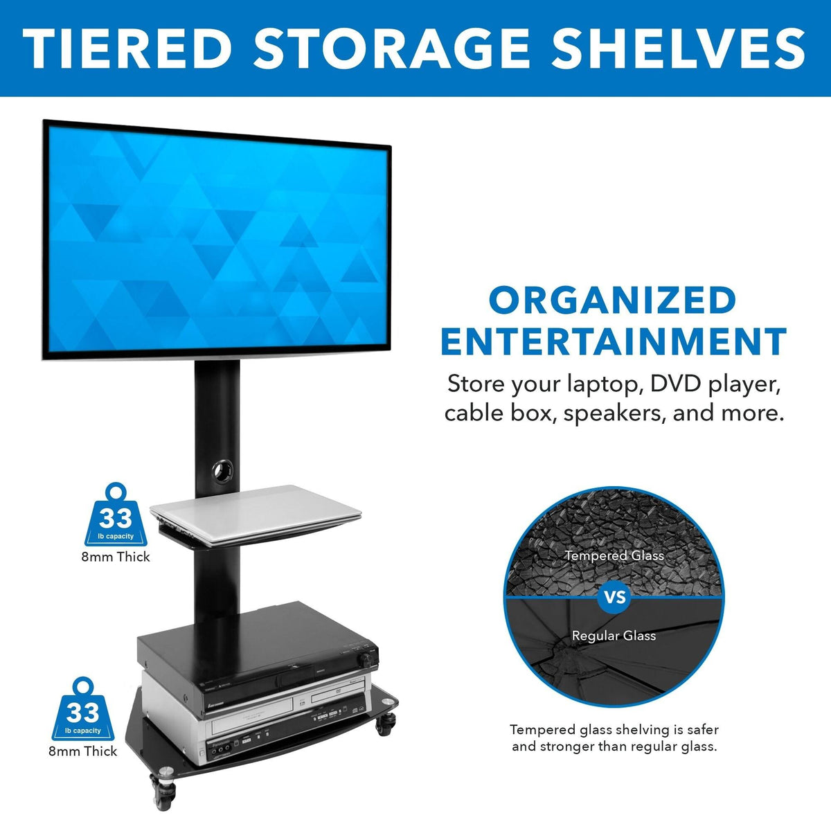 Mobile TV Stand Cart for Flat Screen TVs, Adjustable - Black O8605