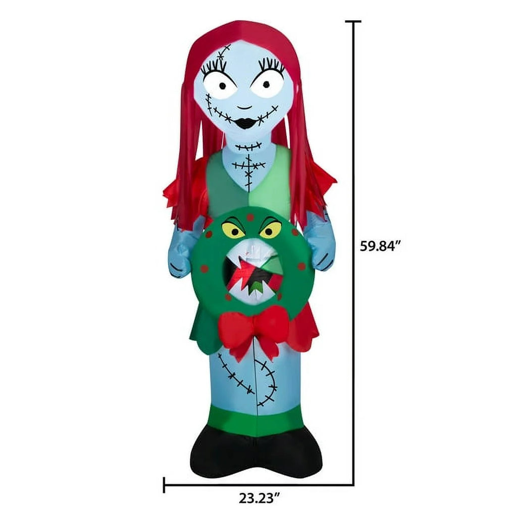 5.5 Foot Stylized Jack Skellington Inflatable with Spider Snowflake and Sally Holding Wreath V1694
