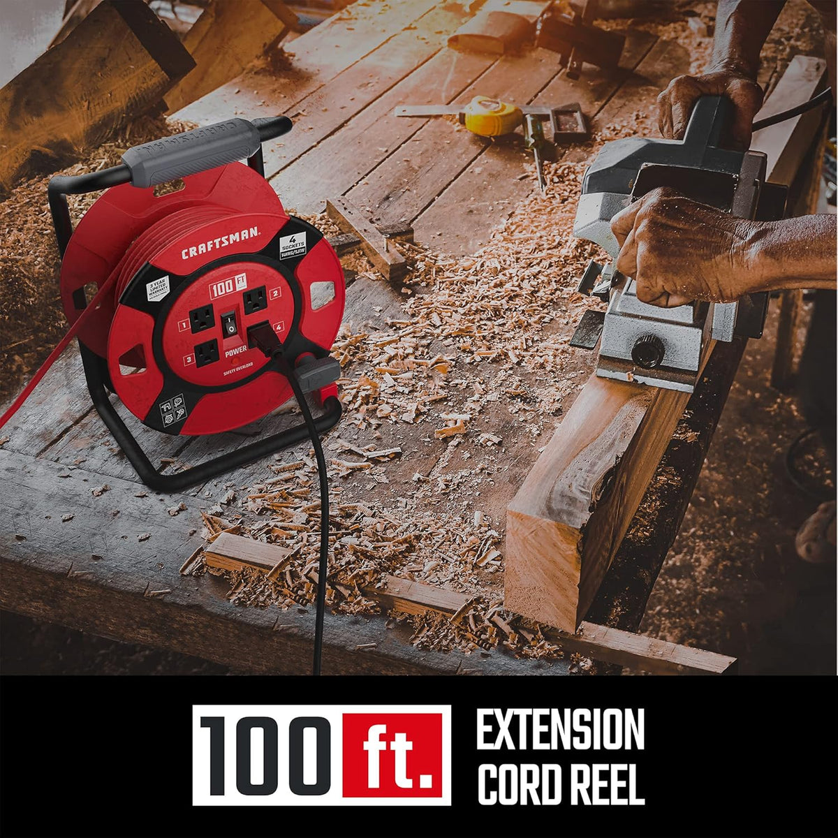 Heavy Duty Retractable Extension Cord, 100 feet with 4 Outlets P166092