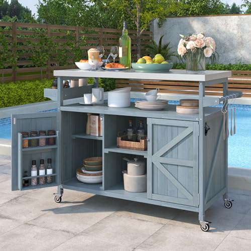 Solid Wood Grill Table with Stainless Steel Top and Internal Storage Racks S11441