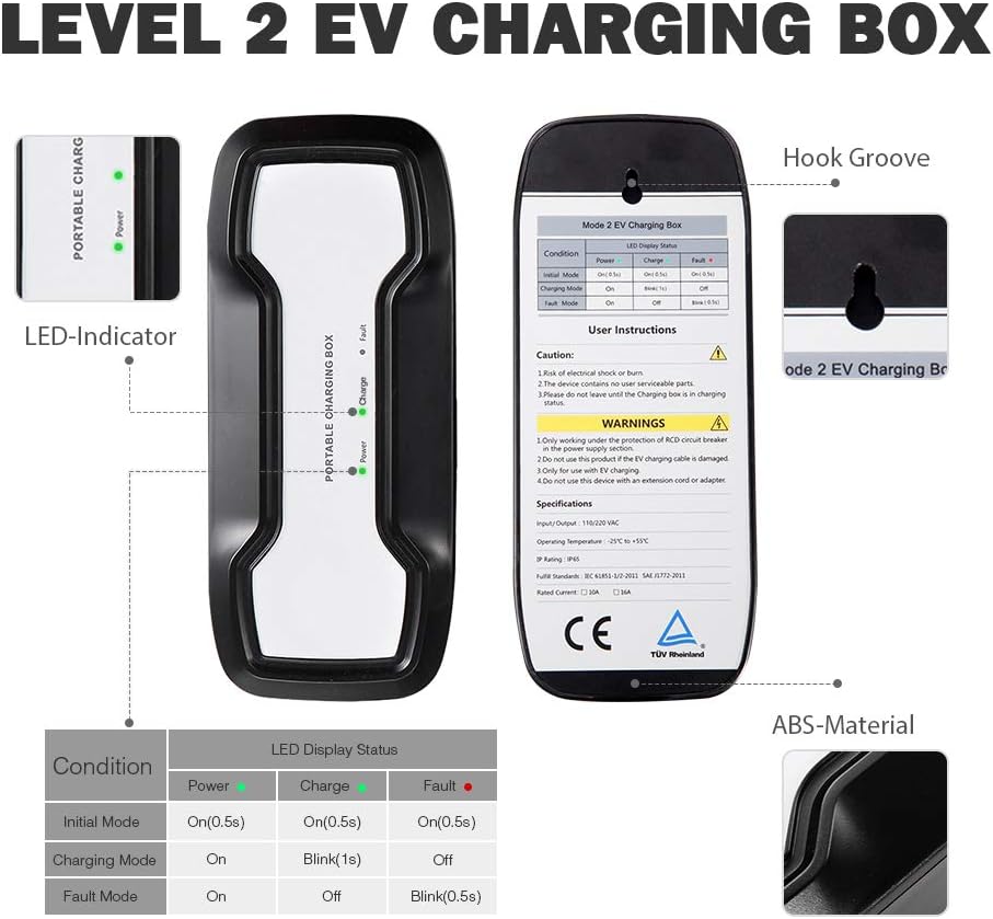 16A Portable EV Charger with NEMA 6-20P Adapter, 100V-240V, SAE J1772 Plug 8m E47292