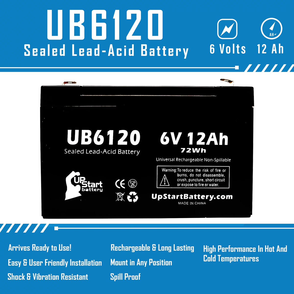6V 12Ah Sealed Lead Acid Battery with F1 to F2 Terminal Adapters Y1210