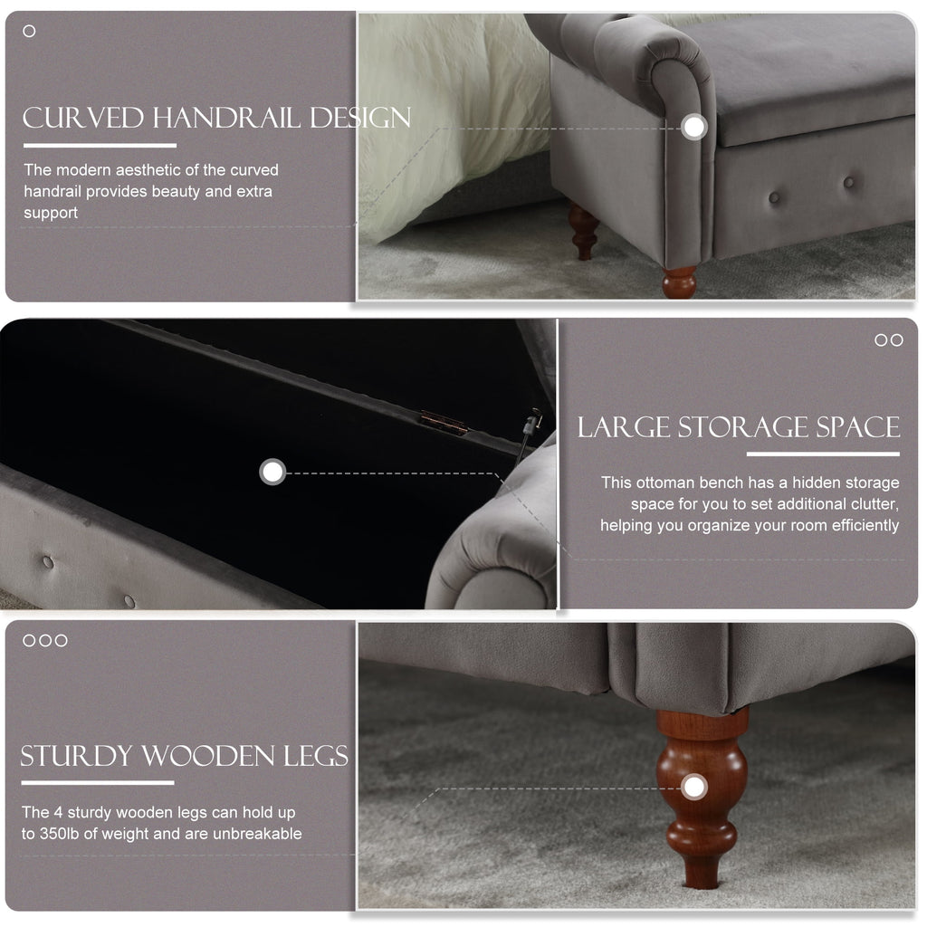 Gray Velvet Upholstered Storage Bench with Arms C91648