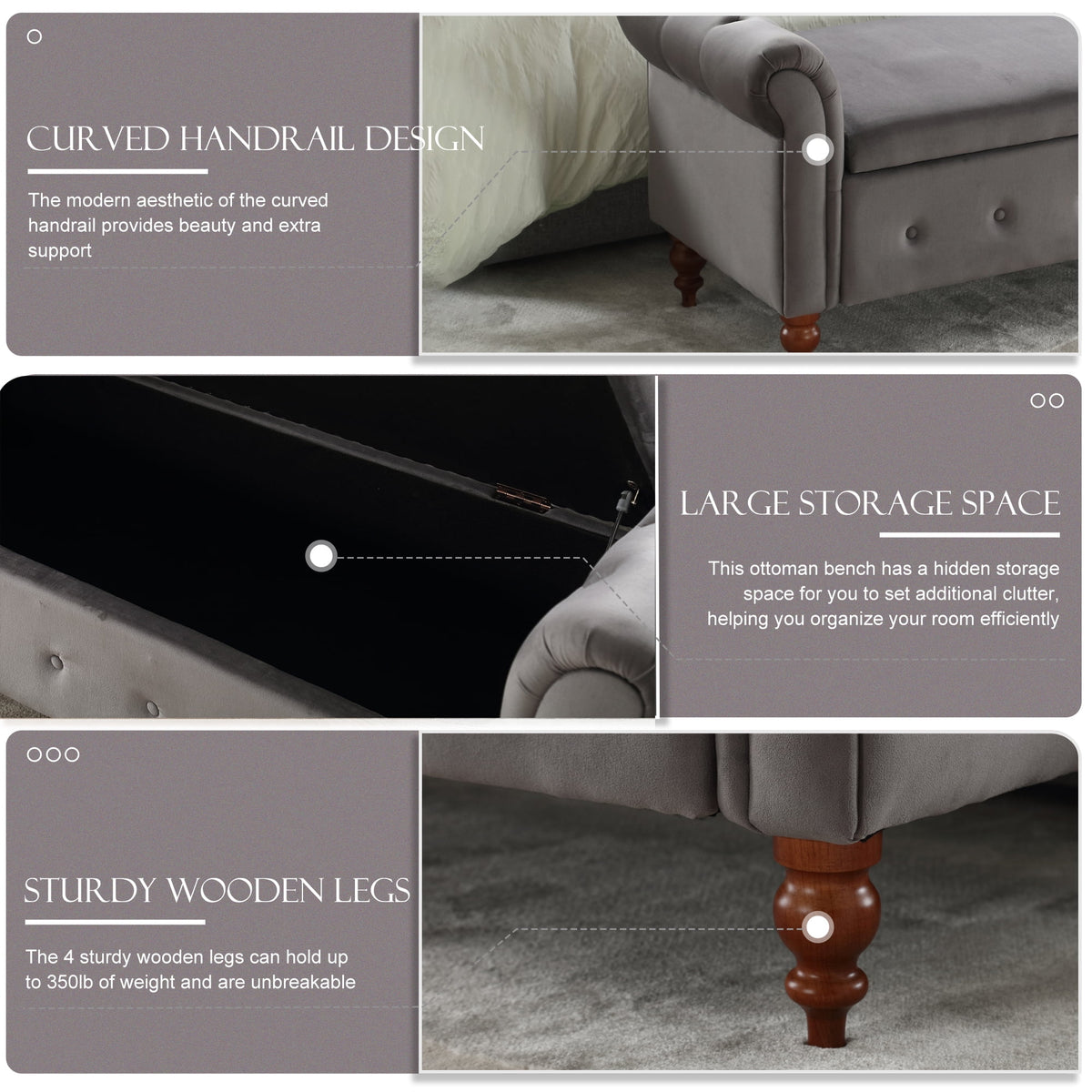 Gray Velvet Upholstered Storage Bench with Arms C91648