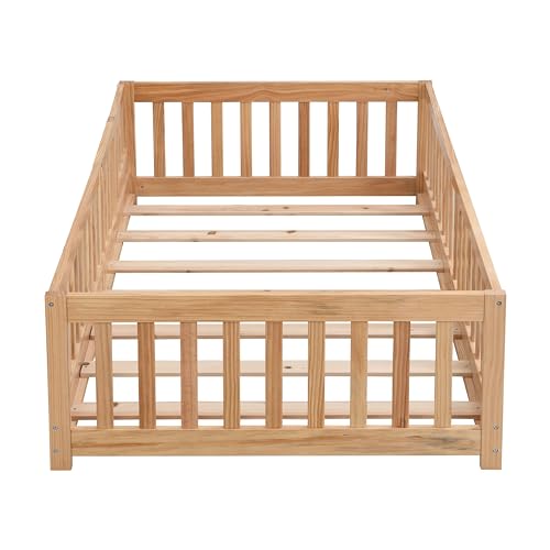Gray Solid Wood Twin Size Floor Bed with Rails and Slats B465
