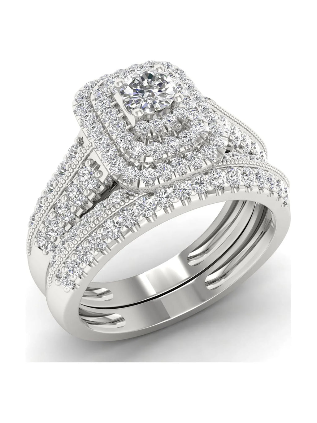 14K White Gold Diamond Halo Engagement Ring Set Q8876