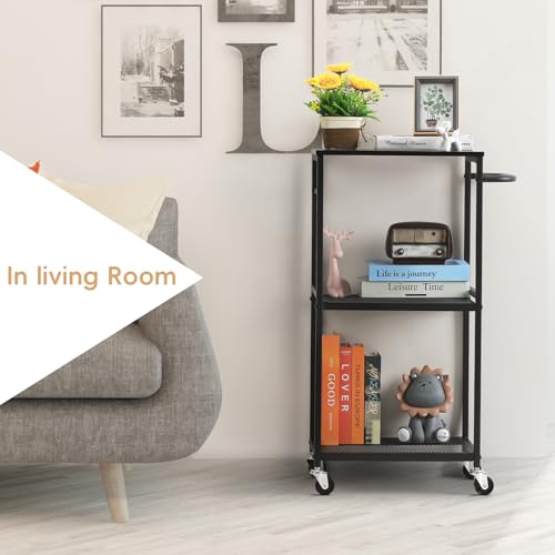 3 Tier Mesh Utility Storage Cart with Wood Look Top and Metal Frame T4655