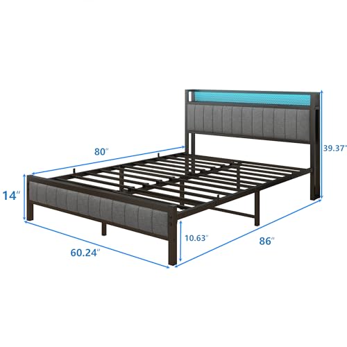 Gray Queen Size Metal Platform Bed Frame with Storage Headboard A7787