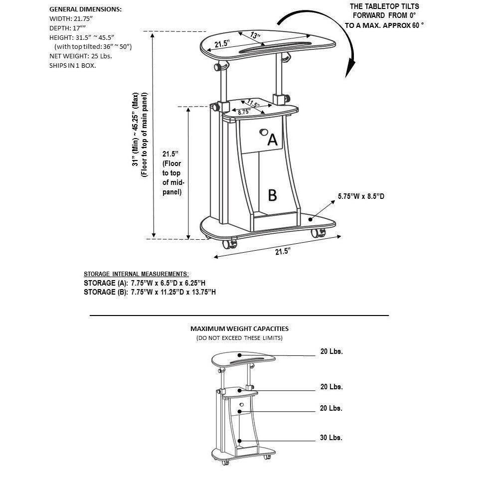Rolling Adjustable Laptop Cart with Storage Black I365