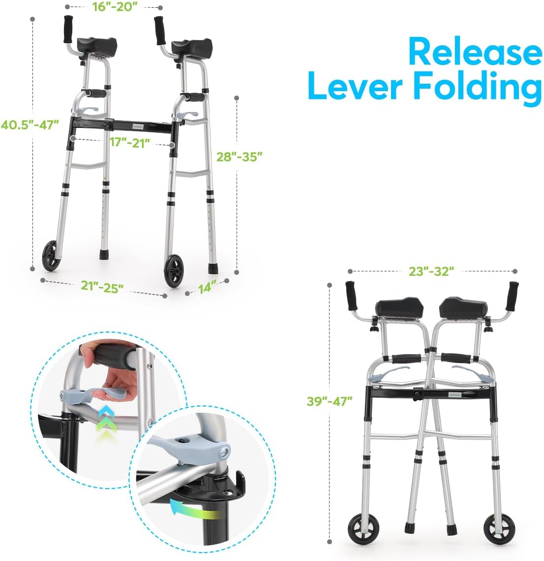 Folding Walker with 5’’ Wheels and Removable Padded Armrests U9400