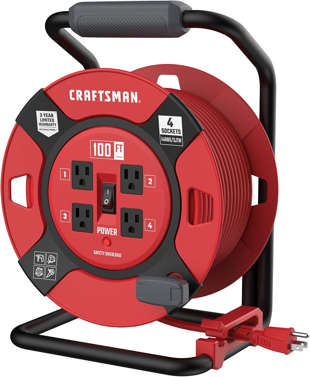 Heavy Duty Retractable Extension Cord, 100 feet with 4 Outlets P166092