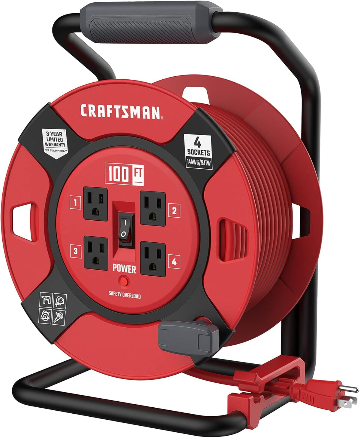 Heavy Duty Retractable Extension Cord, 100 feet with 4 Outlets P166092