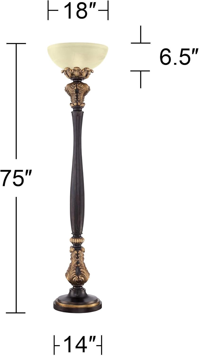 Tall Carved Wood Amber Glass Torchiere Floor Lamp M95527