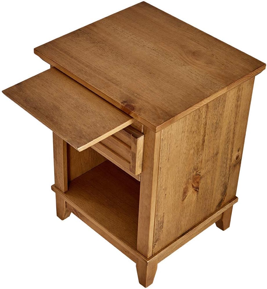 Teak Finish Wood Nightstand with Drawer and Pull-Out Tray K44182