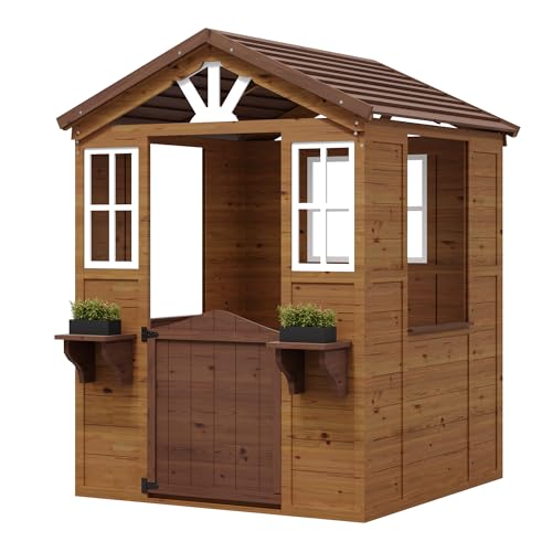 Cedar Wooden Kids Playhouse with Play Kitchen and Vinyl Roof K818792