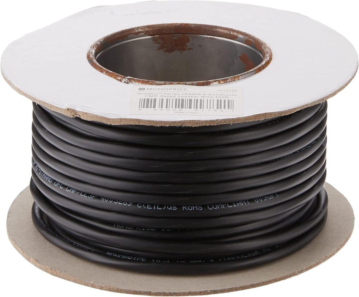 18 AWG 4 Conductor CMP-Rated Speaker Wire/Cable - 100 Feet UL Plenum Rated, 100% Pure Bare Copper with Color Coded Conductors W653