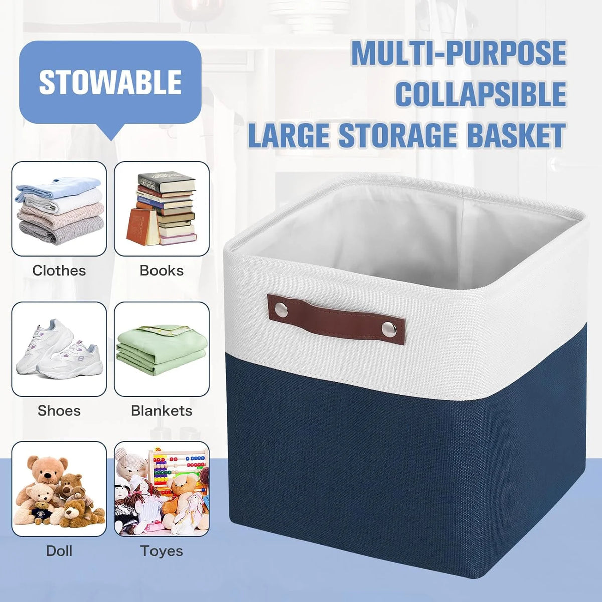11x11 inch Foldable Cube Storage Bins with Leather Handles (White/ Blue) Z894