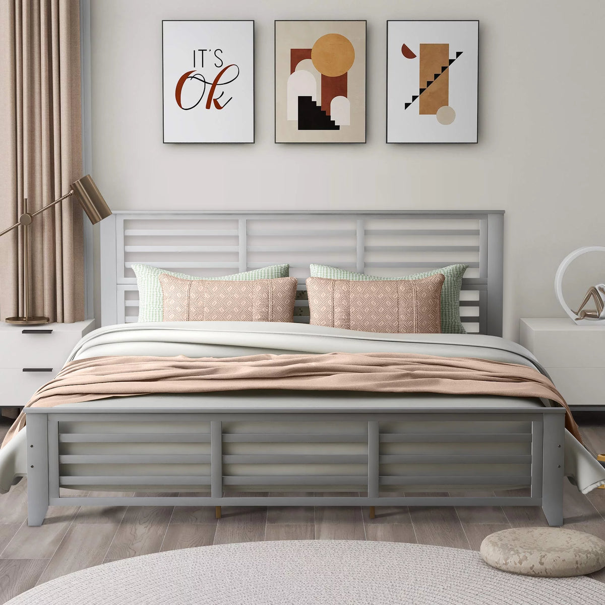 King Size Wood Platform Bed Frame with Headboard C2272