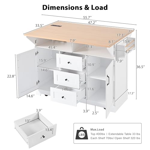 55.7'' Rolling Kitchen Island with 2 Drop Leaves and 3 Drawers T5933