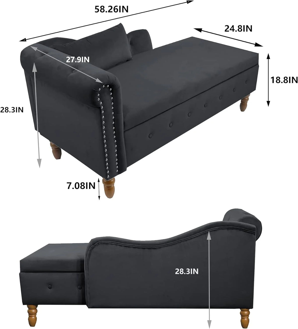 Black Velvet Chaise Lounge Chair with Storage & Pillow B1062