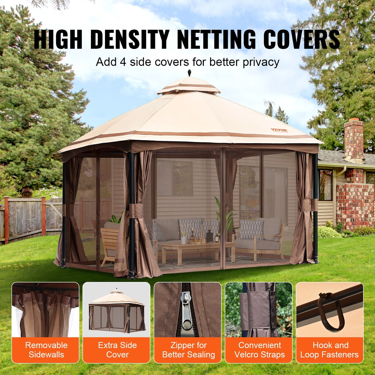 10x13ft Patio Gazebo with Mosquito Net, Metal Frame N77316