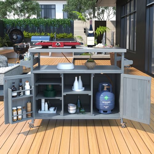 Solid Wood Grill Table with Stainless Steel Top and Internal Storage Racks S11441