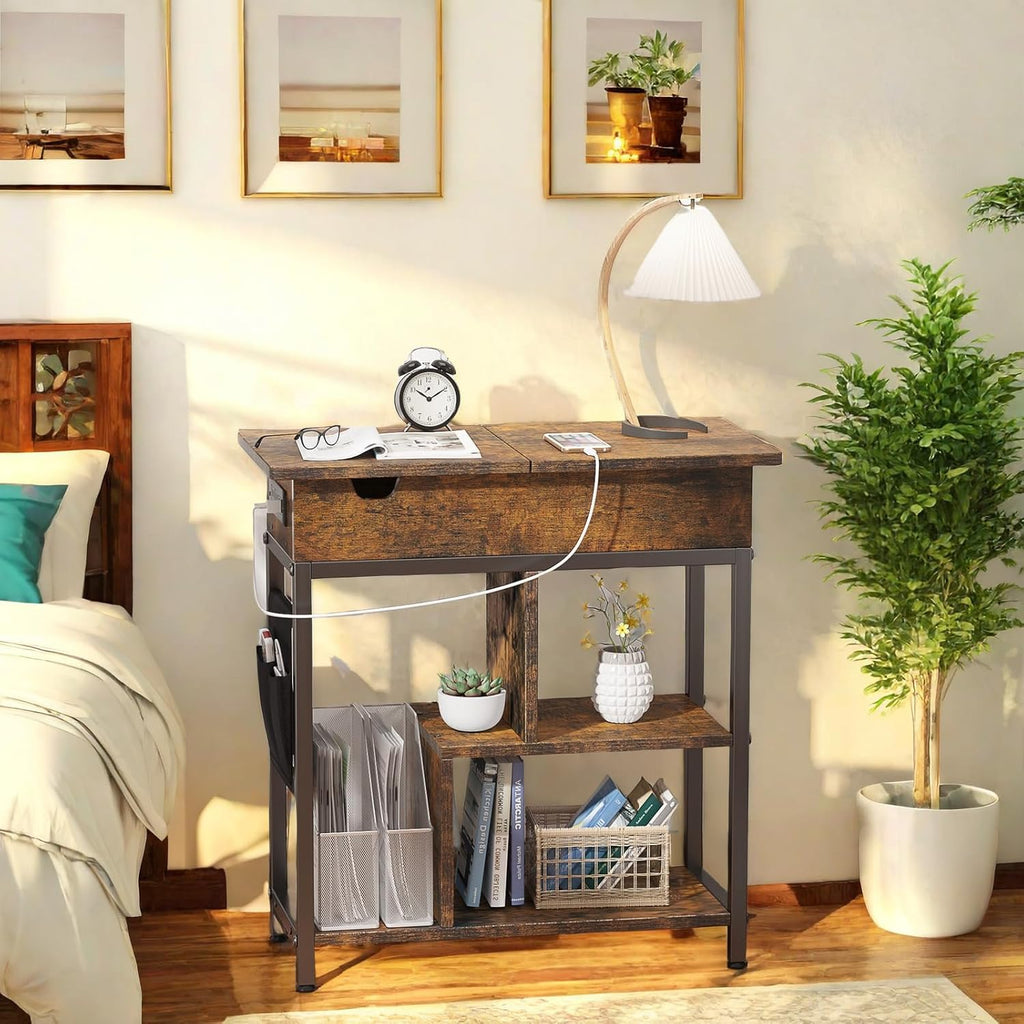 Side Table with Charging Station, Flip Top End Table with USB Ports and Outlets M1117