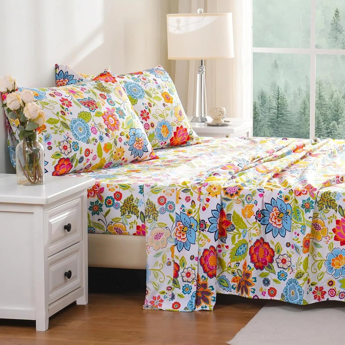 Queen Size 4 Piece Microfiber Floral Bed Sheets H291373