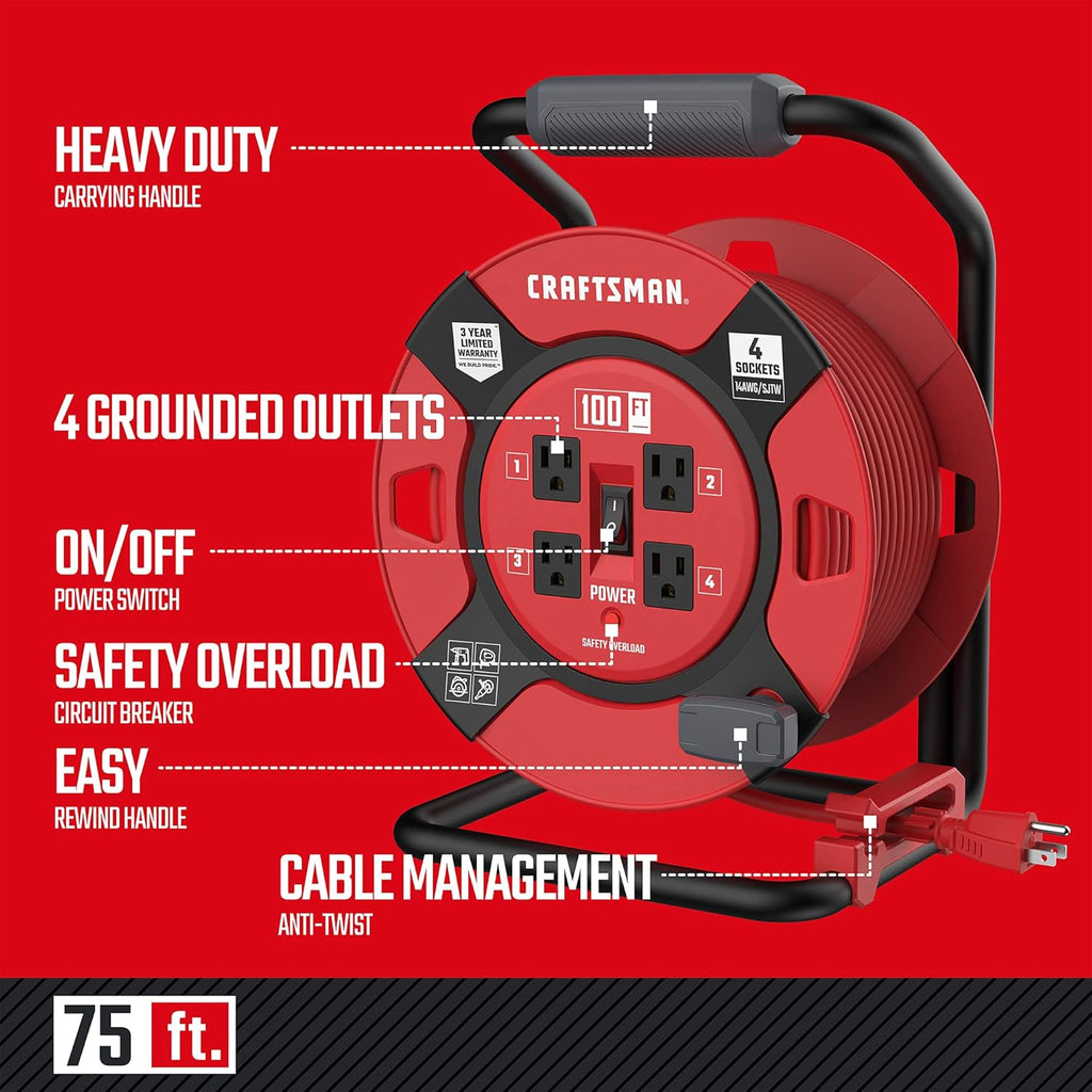 Heavy Duty Retractable Extension Cord, 100 feet with 4 Outlets P166092