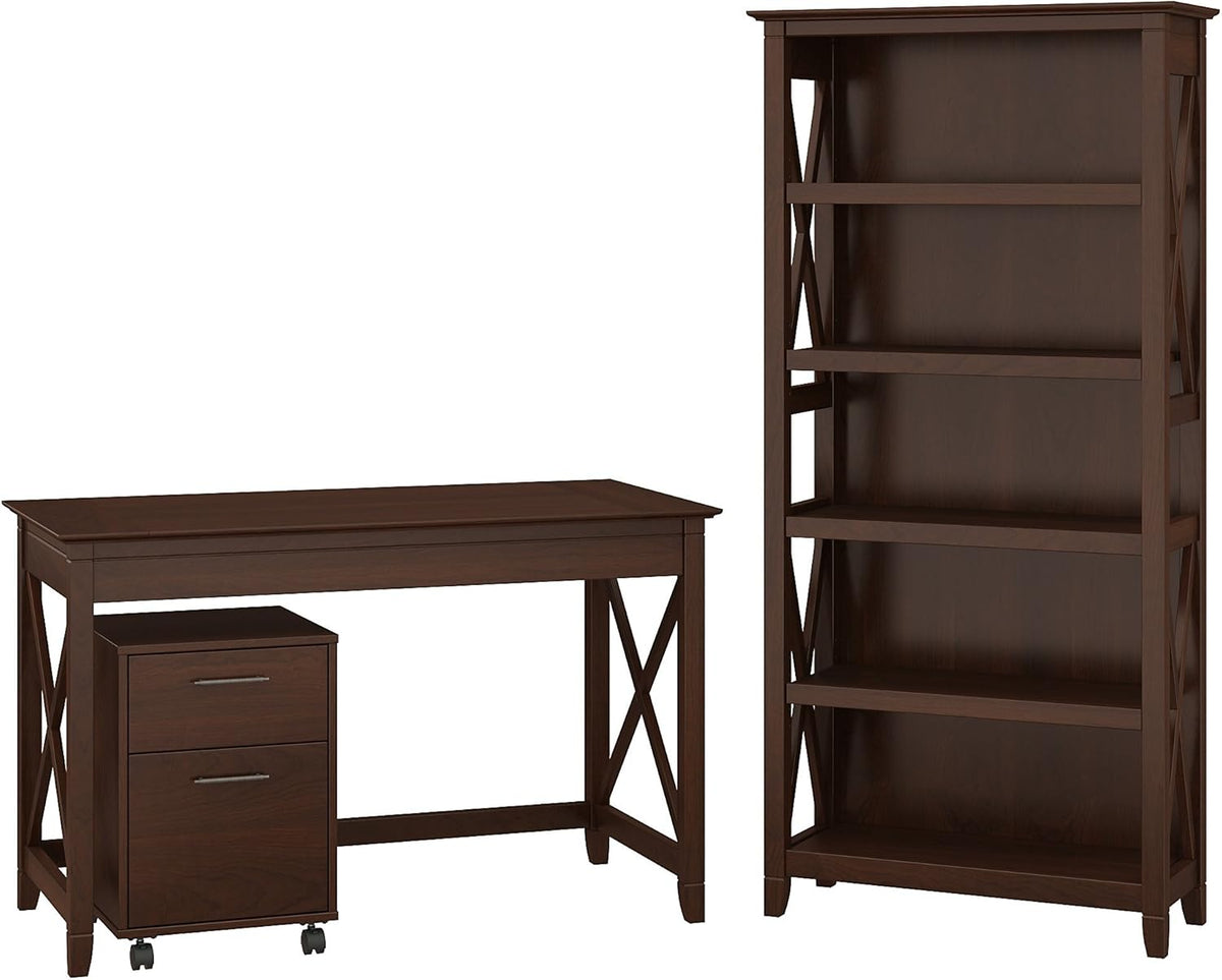 54W Computer Desk with Storage, 2 Drawer Mobile File Cabinet and 5 Shelf Bookcase in Bing Cherry Z522305